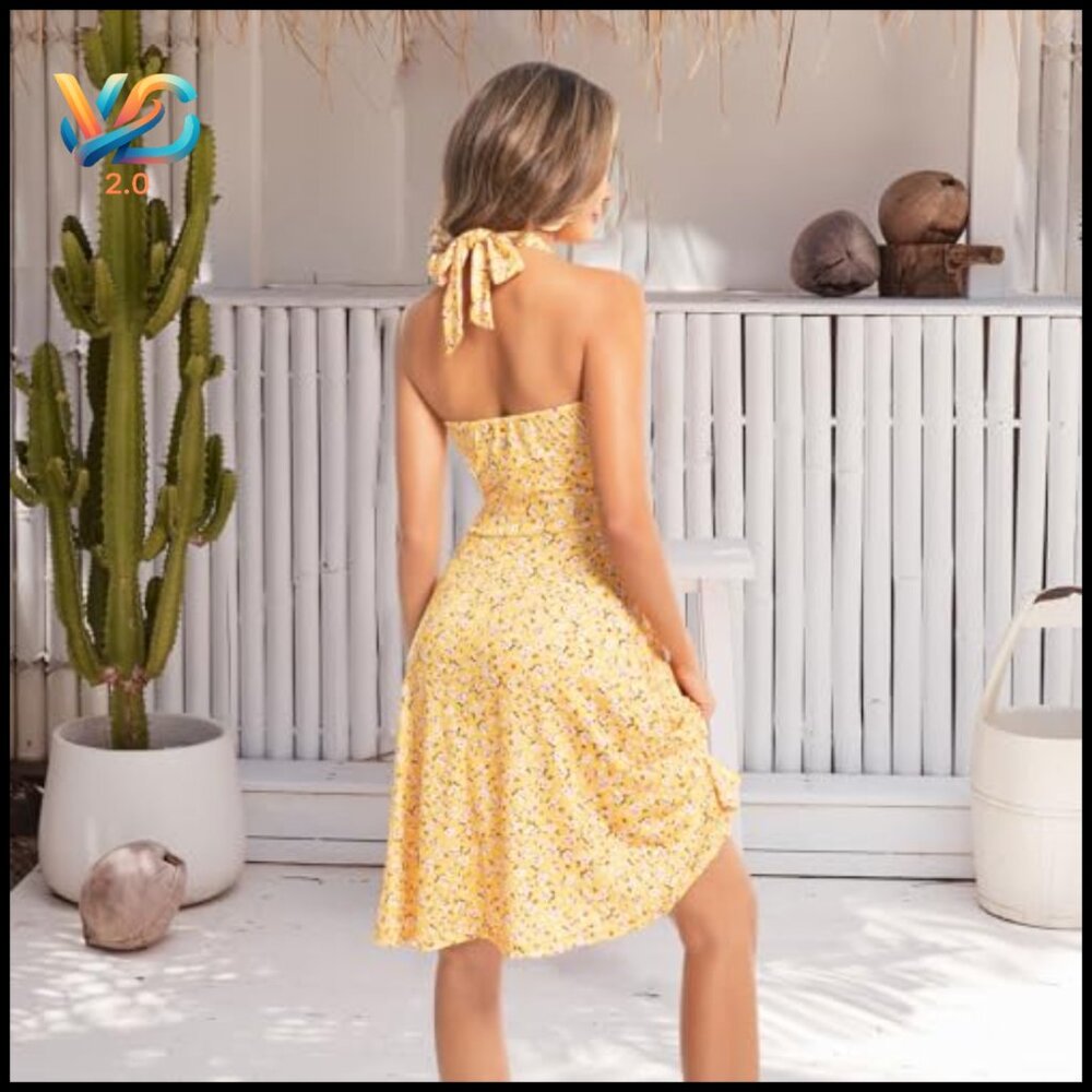 Sleeveless Halter Neck Ruffle Sundress A-Line Summer Beach Dress - Picture 3 of 5